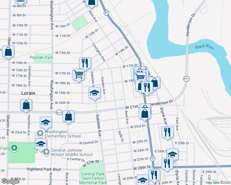 map of restaurants, bars, coffee shops, grocery stores, and more near 1865 Lexington Avenue in Lorain