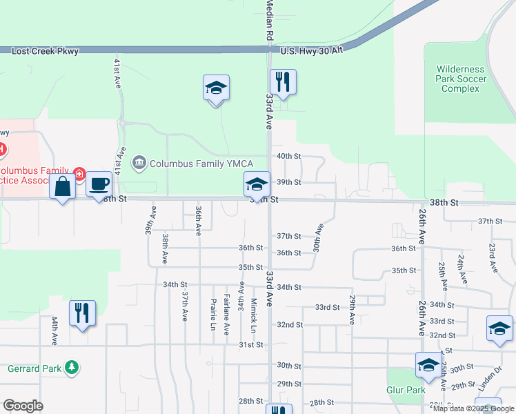 map of restaurants, bars, coffee shops, grocery stores, and more near 3772 33rd Avenue in Columbus