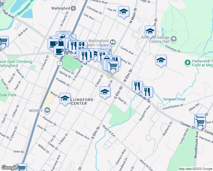 map of restaurants, bars, coffee shops, grocery stores, and more near 44 Fair Street in Wallingford