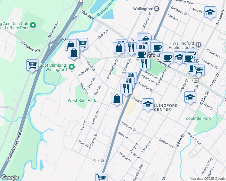 map of restaurants, bars, coffee shops, grocery stores, and more near 18 Clifton Street in Wallingford