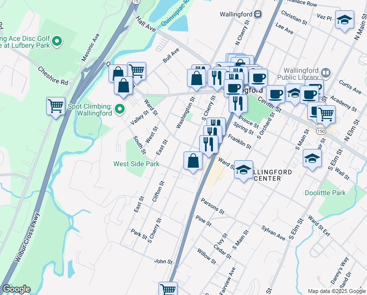 map of restaurants, bars, coffee shops, grocery stores, and more near 18 Clifton Street in Wallingford