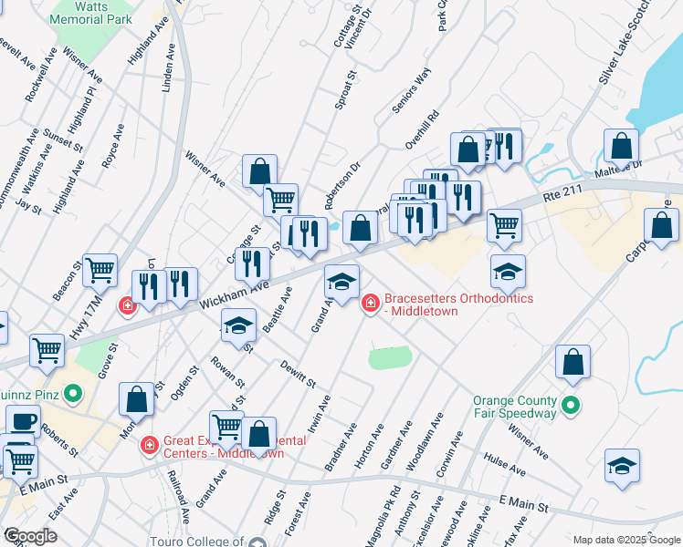 map of restaurants, bars, coffee shops, grocery stores, and more near 163-165 Wisner Avenue in Middletown