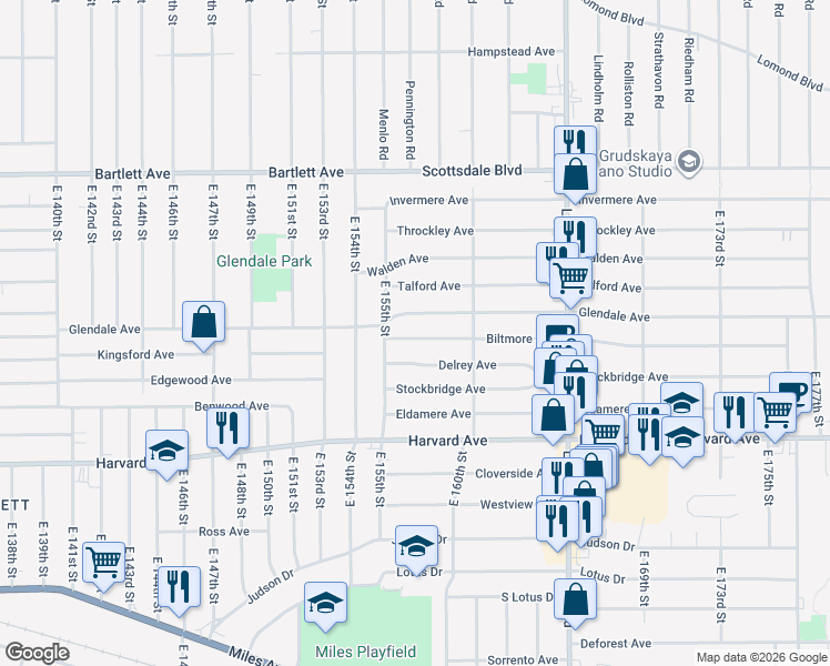map of restaurants, bars, coffee shops, grocery stores, and more near 15510 Biltmore Avenue in Cleveland