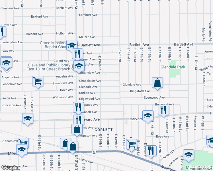 map of restaurants, bars, coffee shops, grocery stores, and more near 13710 Glendale Avenue in Cleveland