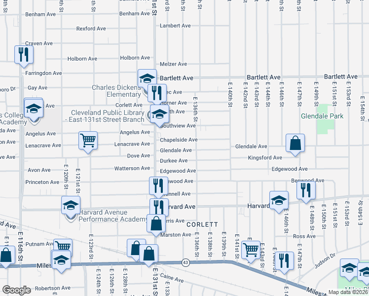 map of restaurants, bars, coffee shops, grocery stores, and more near 13504 Glendale Avenue in Cleveland