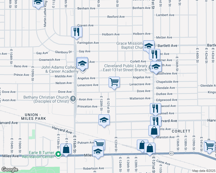 map of restaurants, bars, coffee shops, grocery stores, and more near 12017 Dove Avenue in Cleveland