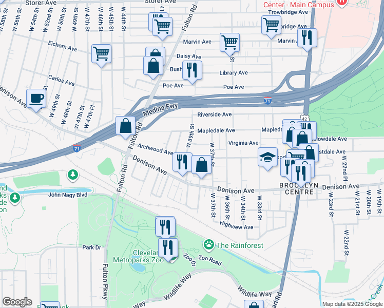 map of restaurants, bars, coffee shops, grocery stores, and more near 3768 West 39th Street in Cleveland