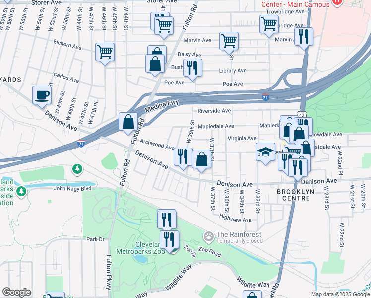 map of restaurants, bars, coffee shops, grocery stores, and more near 3768 West 39th Street in Cleveland