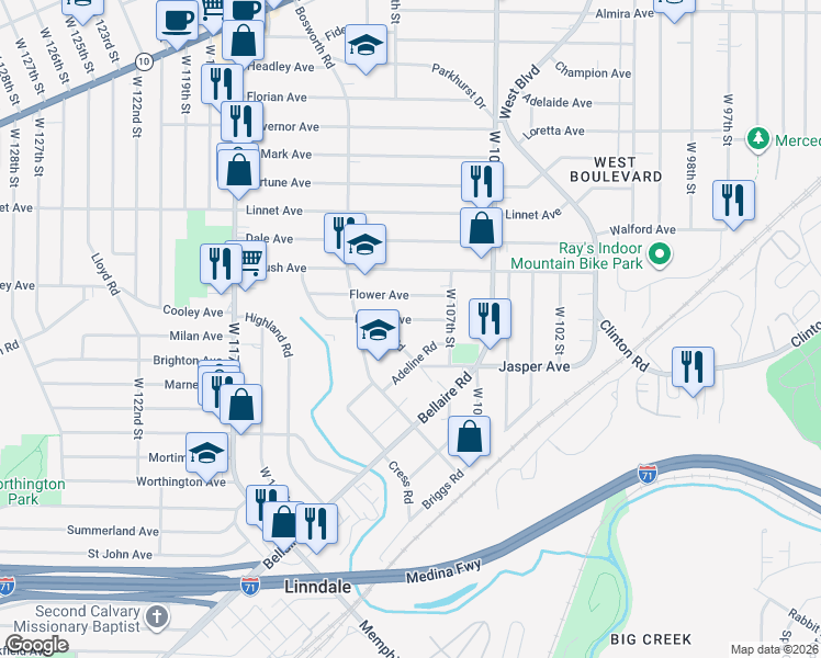map of restaurants, bars, coffee shops, grocery stores, and more near 10914 Oliver Road in Cleveland