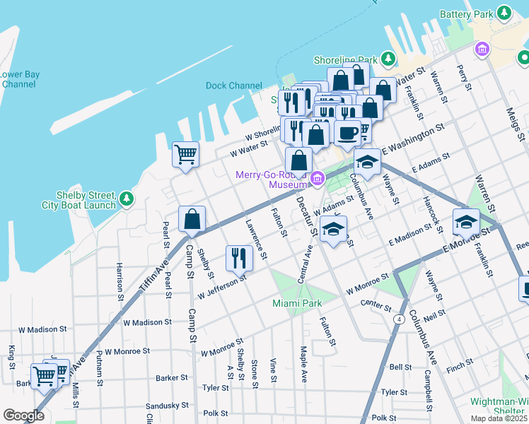 map of restaurants, bars, coffee shops, grocery stores, and more near 317 Fulton Street in Sandusky
