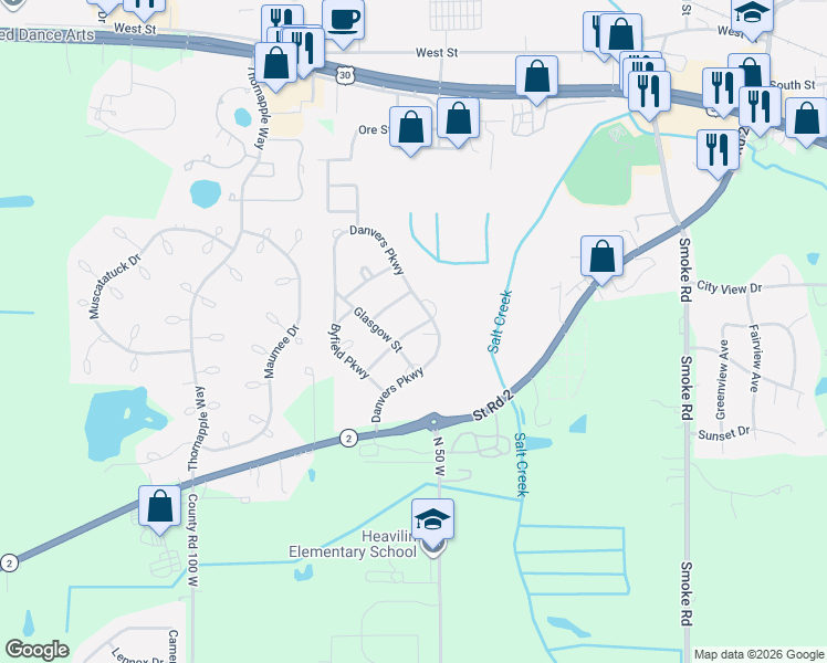 map of restaurants, bars, coffee shops, grocery stores, and more near 1286 Rowley Street in Valparaiso