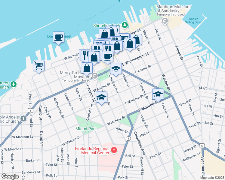 map of restaurants, bars, coffee shops, grocery stores, and more near 417 Columbus Avenue in Sandusky