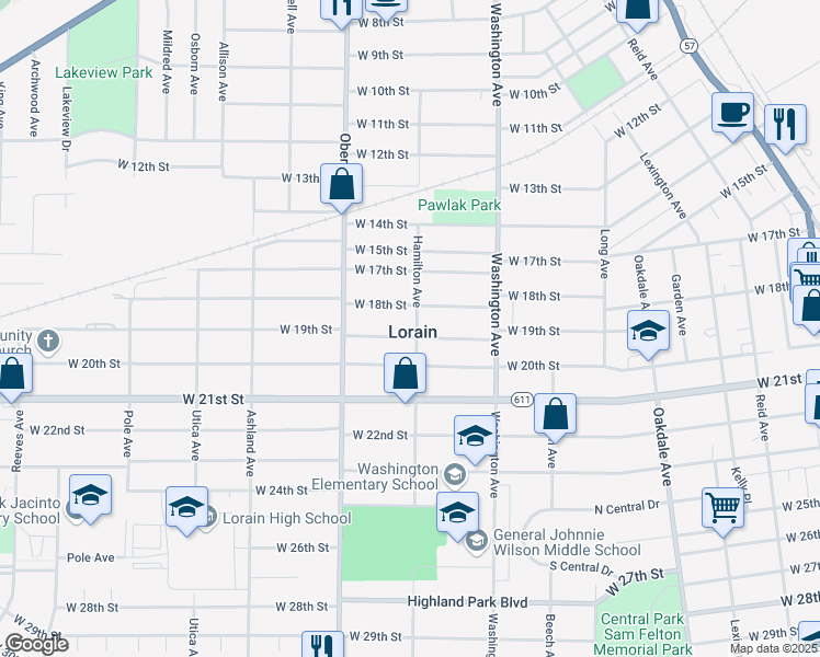 map of restaurants, bars, coffee shops, grocery stores, and more near 1842 Hamilton Avenue in Lorain