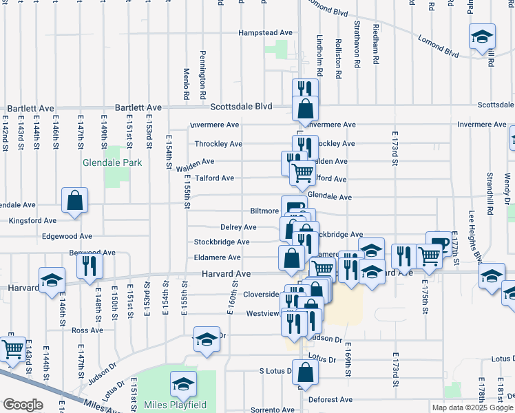map of restaurants, bars, coffee shops, grocery stores, and more near 16200 Glendale Avenue in Cleveland