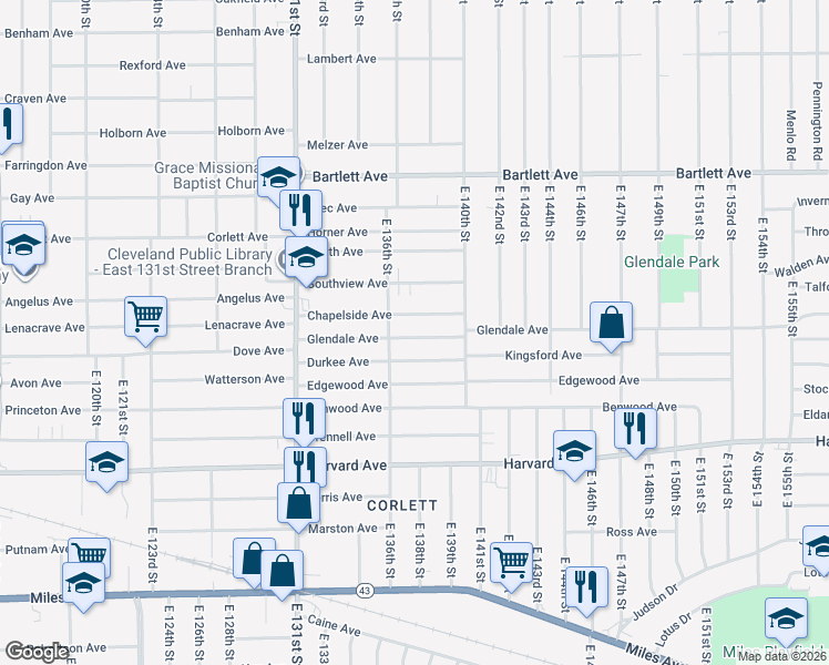 map of restaurants, bars, coffee shops, grocery stores, and more near 13710 Glendale Avenue in Cleveland