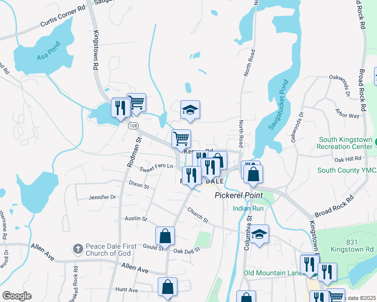 map of restaurants, bars, coffee shops, grocery stores, and more near 109 Kersey Road in South Kingstown