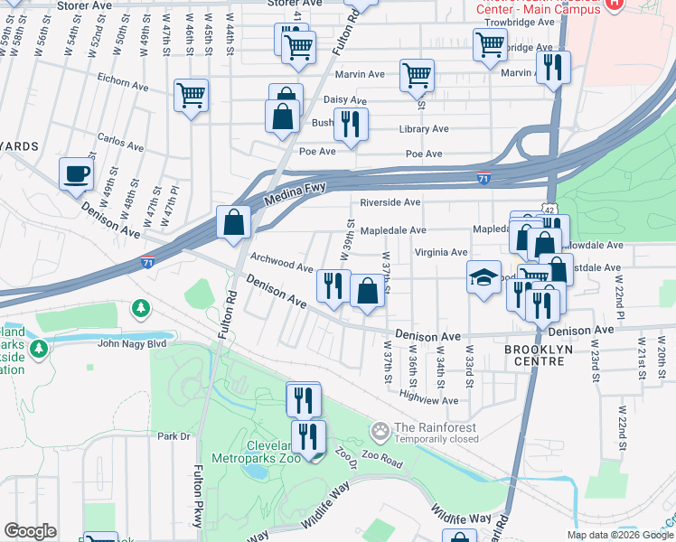map of restaurants, bars, coffee shops, grocery stores, and more near 3768 West 39th Street in Cleveland