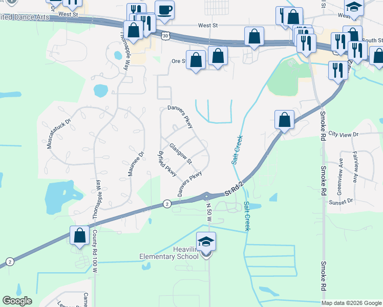 map of restaurants, bars, coffee shops, grocery stores, and more near 1286 Rowley Street in Valparaiso