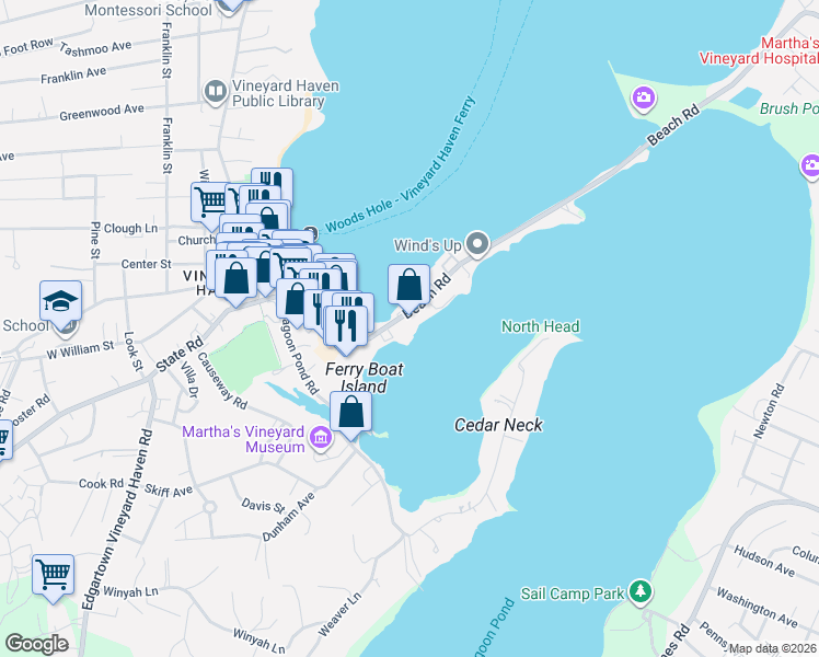 map of restaurants, bars, coffee shops, grocery stores, and more near 129 Beach Road in Tisbury