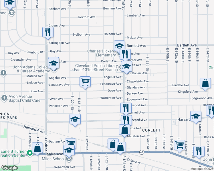 map of restaurants, bars, coffee shops, grocery stores, and more near 12712 Lenacrave Avenue in Cleveland