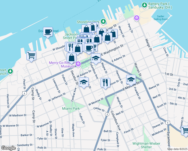 map of restaurants, bars, coffee shops, grocery stores, and more near 417 Columbus Avenue in Sandusky