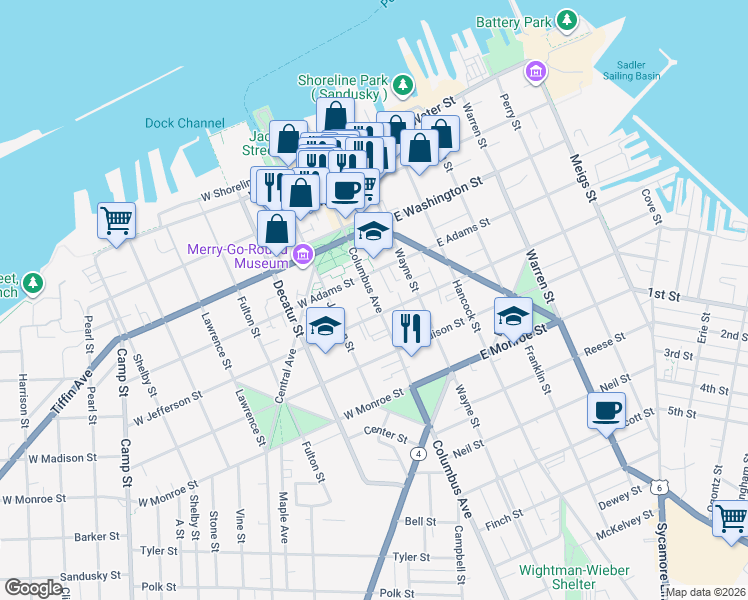 map of restaurants, bars, coffee shops, grocery stores, and more near 431 Columbus Avenue in Sandusky