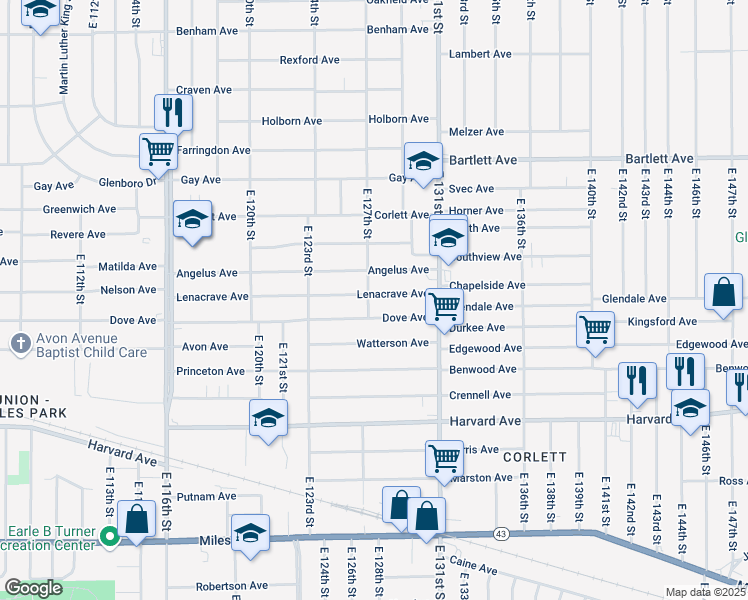 map of restaurants, bars, coffee shops, grocery stores, and more near 12701 Dove Avenue in Cleveland
