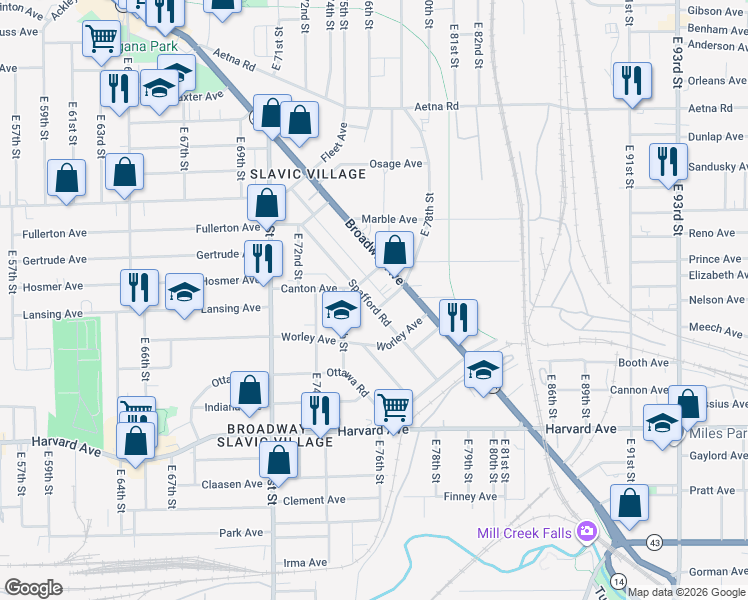 map of restaurants, bars, coffee shops, grocery stores, and more near 7727 Spafford Road in Cleveland