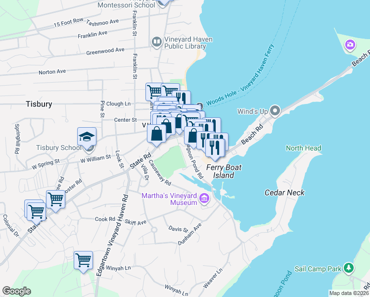 map of restaurants, bars, coffee shops, grocery stores, and more near 37 Lagoon Pond Road in Tisbury