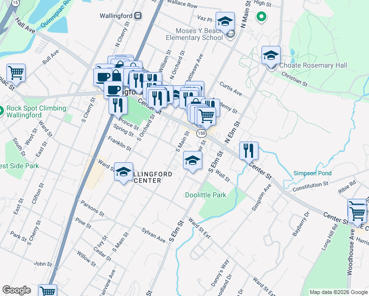 map of restaurants, bars, coffee shops, grocery stores, and more near 88 South Main Street in Wallingford