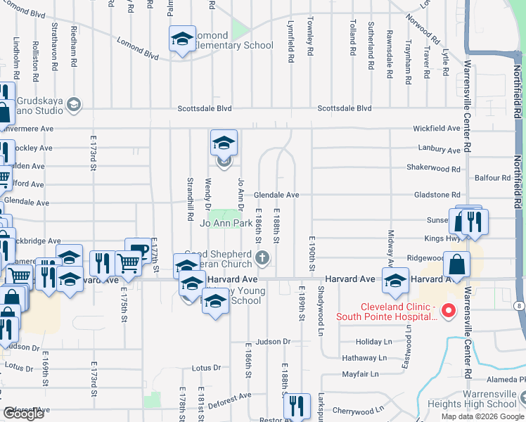 map of restaurants, bars, coffee shops, grocery stores, and more near 3942 East 186th Street in Cleveland