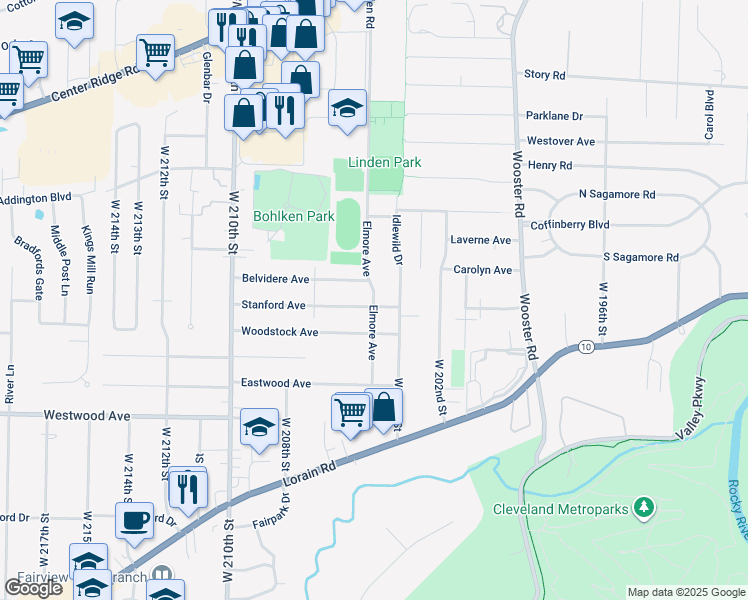 map of restaurants, bars, coffee shops, grocery stores, and more near 3995 Elmore Avenue in Cleveland