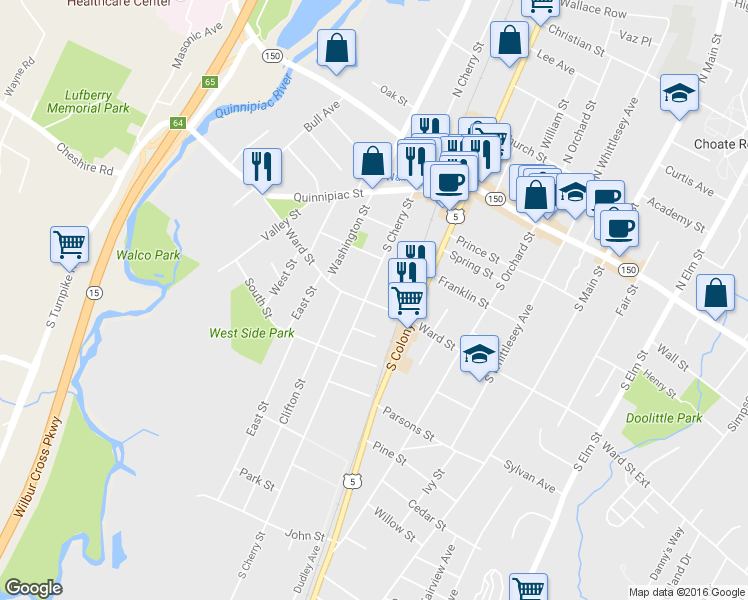 map of restaurants, bars, coffee shops, grocery stores, and more near 189 Ward Street in Wallingford