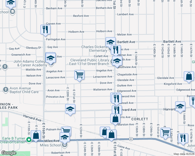 map of restaurants, bars, coffee shops, grocery stores, and more near 12701 Dove Avenue in Cleveland