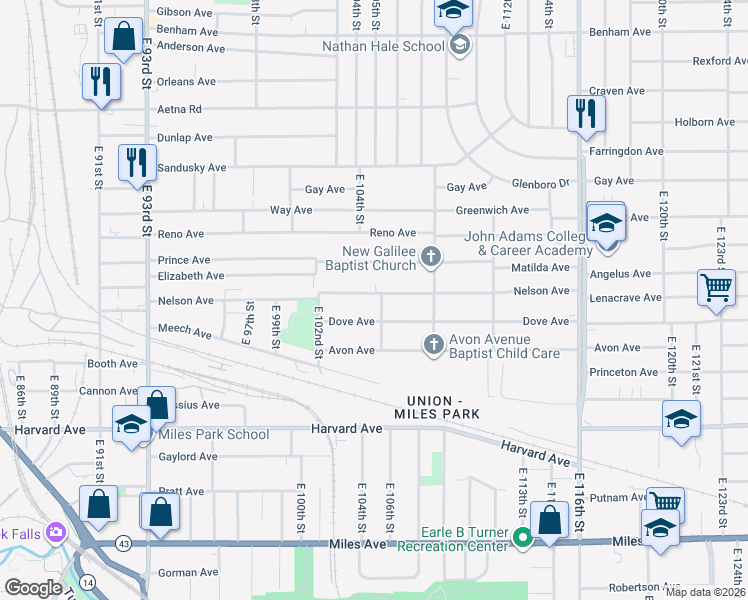 map of restaurants, bars, coffee shops, grocery stores, and more near 10405 Dove Avenue in Cleveland