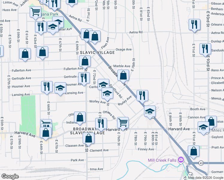 map of restaurants, bars, coffee shops, grocery stores, and more near 7802 Spafford Road in Cleveland