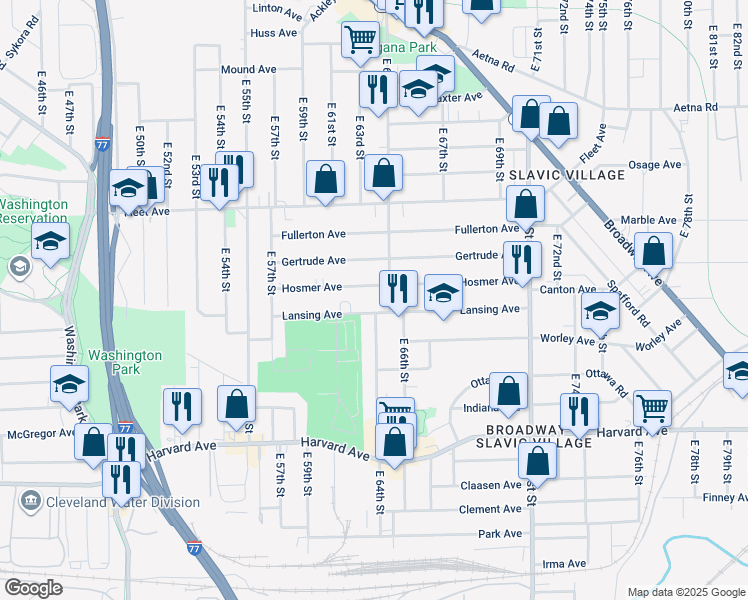 map of restaurants, bars, coffee shops, grocery stores, and more near 5175 East 65th Street in Cleveland