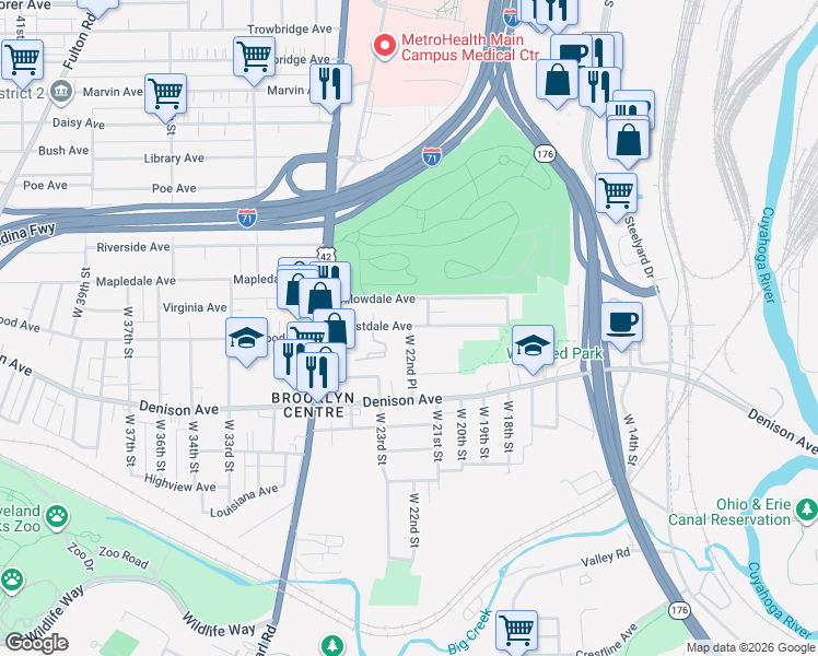 map of restaurants, bars, coffee shops, grocery stores, and more near 3783 West 22nd Place in Cleveland