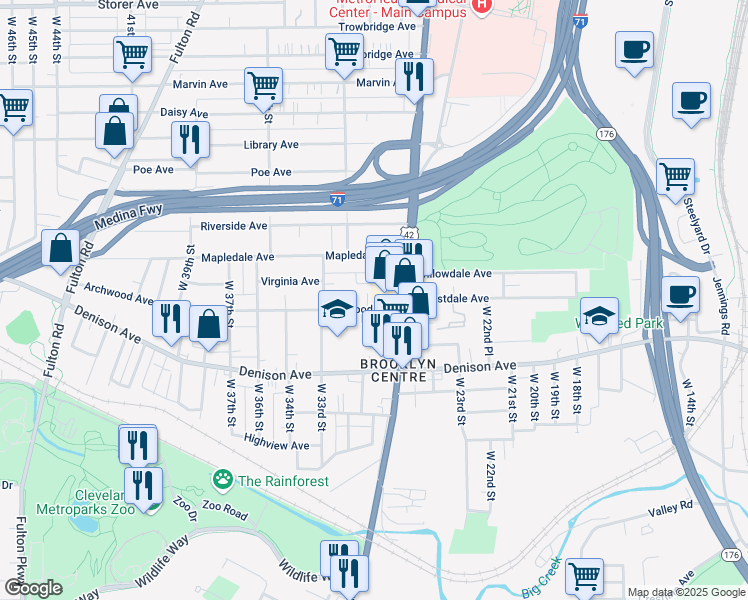 map of restaurants, bars, coffee shops, grocery stores, and more near 3003 Archwood Avenue in Cleveland
