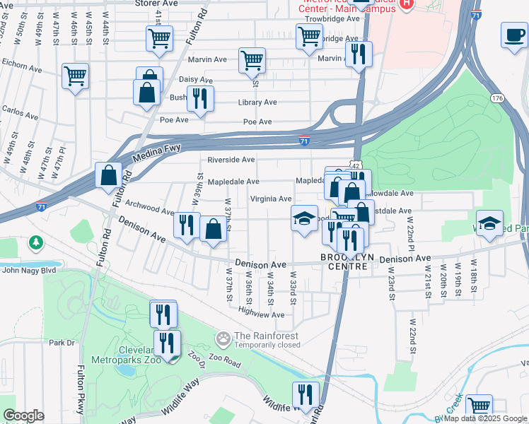 map of restaurants, bars, coffee shops, grocery stores, and more near 3339 Archwood Avenue in Cleveland