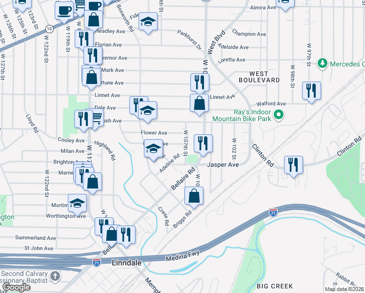 map of restaurants, bars, coffee shops, grocery stores, and more near 3658 West 107th Street in Cleveland