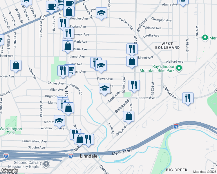 map of restaurants, bars, coffee shops, grocery stores, and more near 3679 Bosworth Road in Cleveland