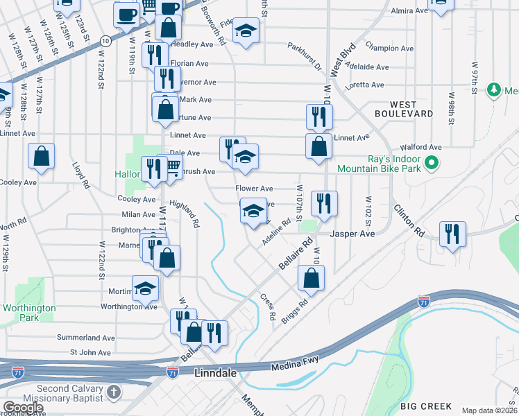 map of restaurants, bars, coffee shops, grocery stores, and more near 3679 Bosworth Road in Cleveland