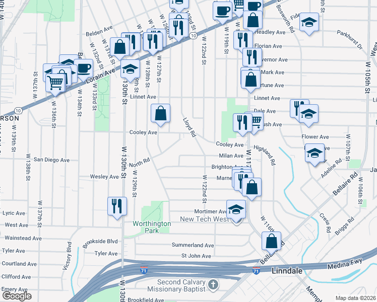 map of restaurants, bars, coffee shops, grocery stores, and more near 12309 Milan Avenue in Cleveland
