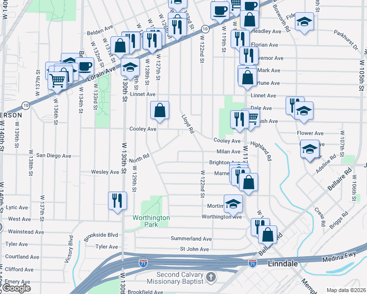 map of restaurants, bars, coffee shops, grocery stores, and more near 12309 Milan Avenue in Cleveland