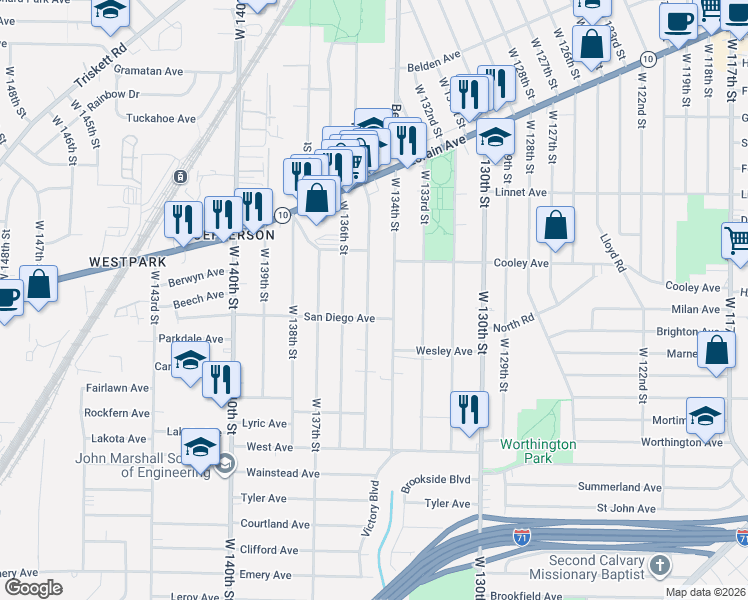 map of restaurants, bars, coffee shops, grocery stores, and more near in Cleveland