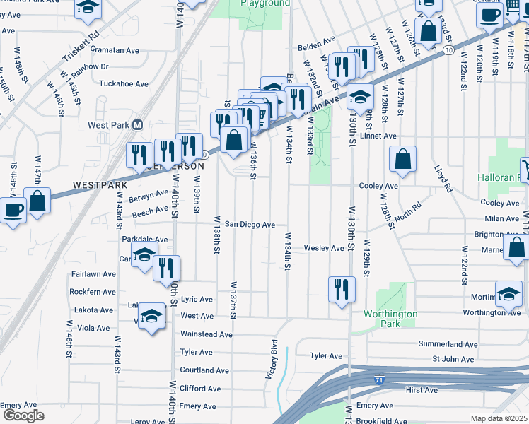 map of restaurants, bars, coffee shops, grocery stores, and more near in Cleveland