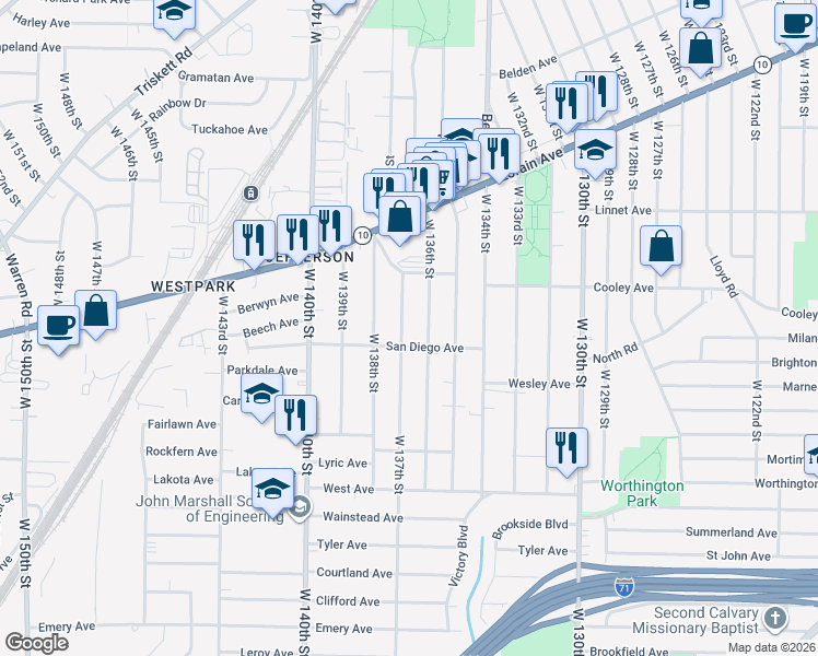 map of restaurants, bars, coffee shops, grocery stores, and more near 3746 West 136th Street in Cleveland