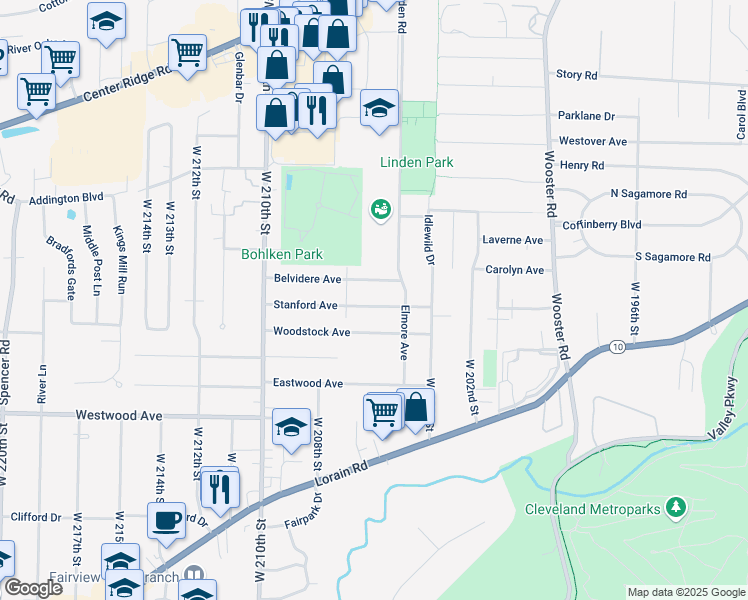 map of restaurants, bars, coffee shops, grocery stores, and more near 20537 Stanford Avenue in Fairview Park