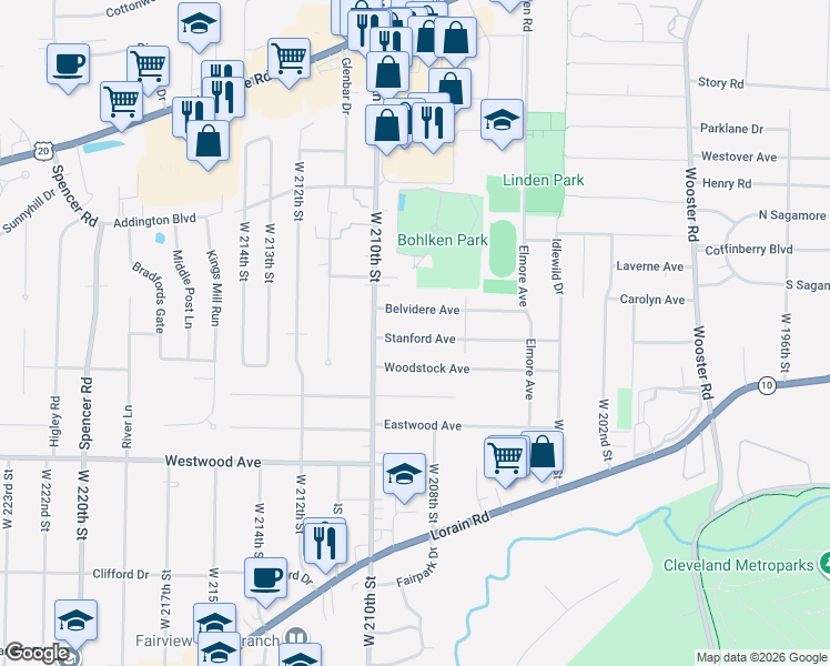 map of restaurants, bars, coffee shops, grocery stores, and more near 20961 Stanford Avenue in Fairview Park